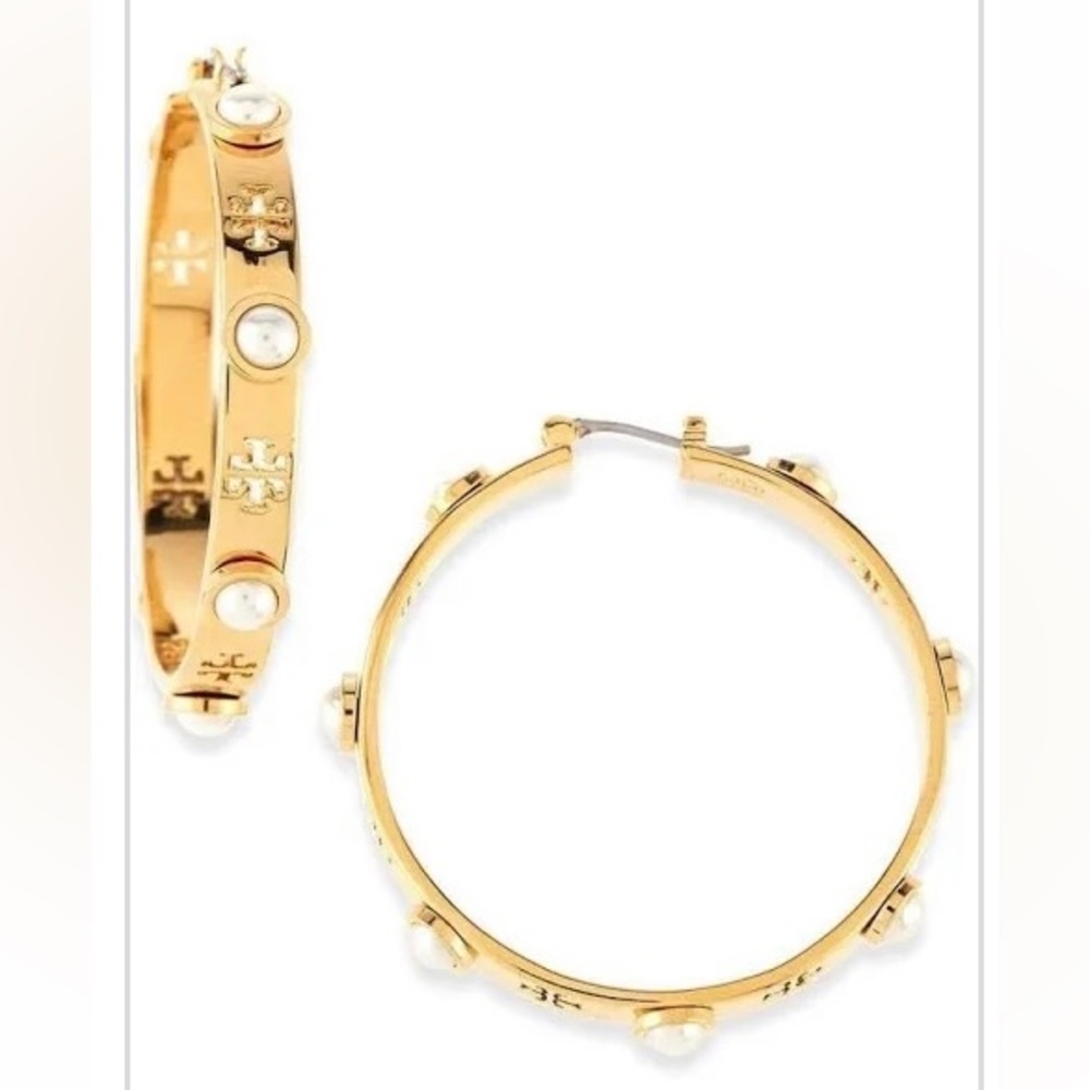 Tory Burch Gold T Pierced Logo Pearl Hoop Earrings